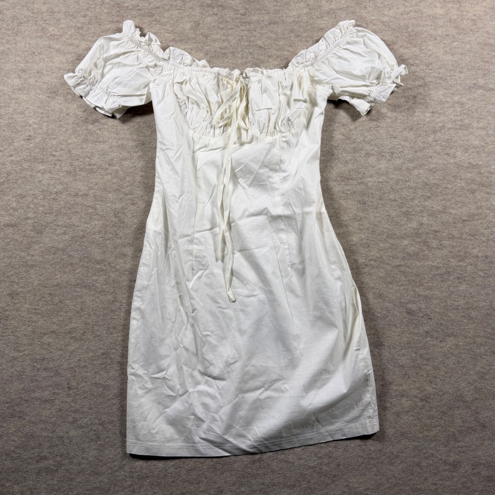 Romantic Ruffled Peasant White Cotton Puff Sleeve Mini Dress Off Shoulder Size 2